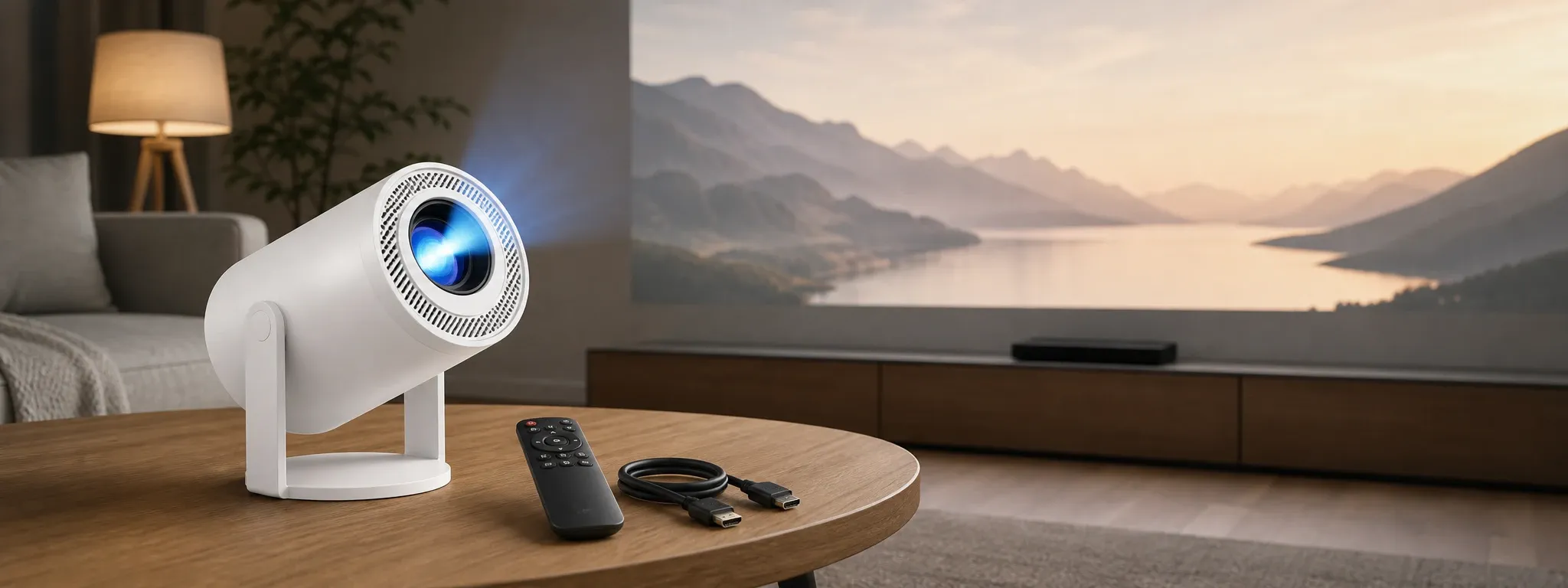 Portable white Android projector on a wooden table in a cosy bedroom or lounge, with remote and cable beside it and a cinematic landscape projected onto the wall.