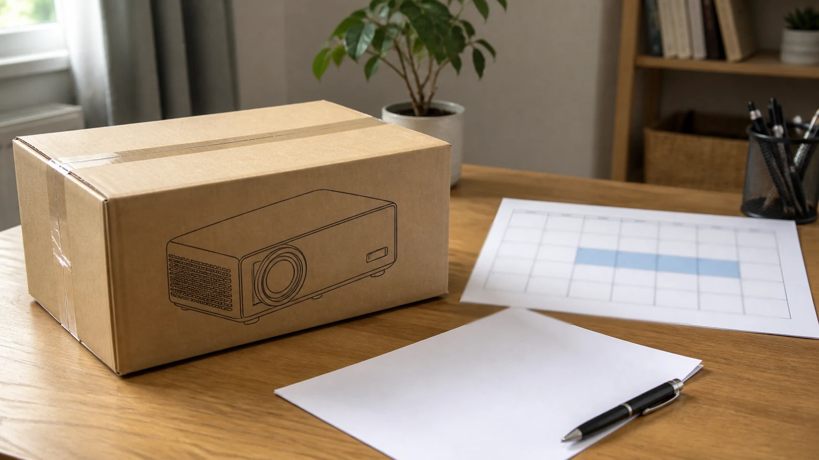 Online projector delivery box beside a calendar marking a fourteen-day cooling-off window
