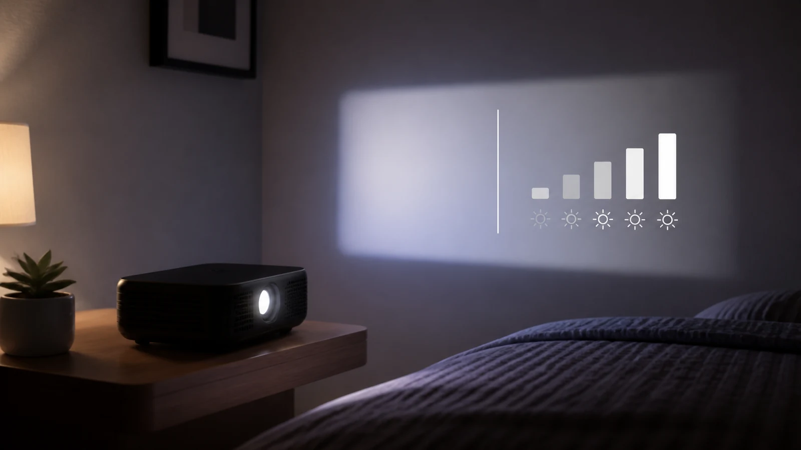 Compact bedroom projector on a bedside table with a dimmed UK room and brightness unit comparison cues