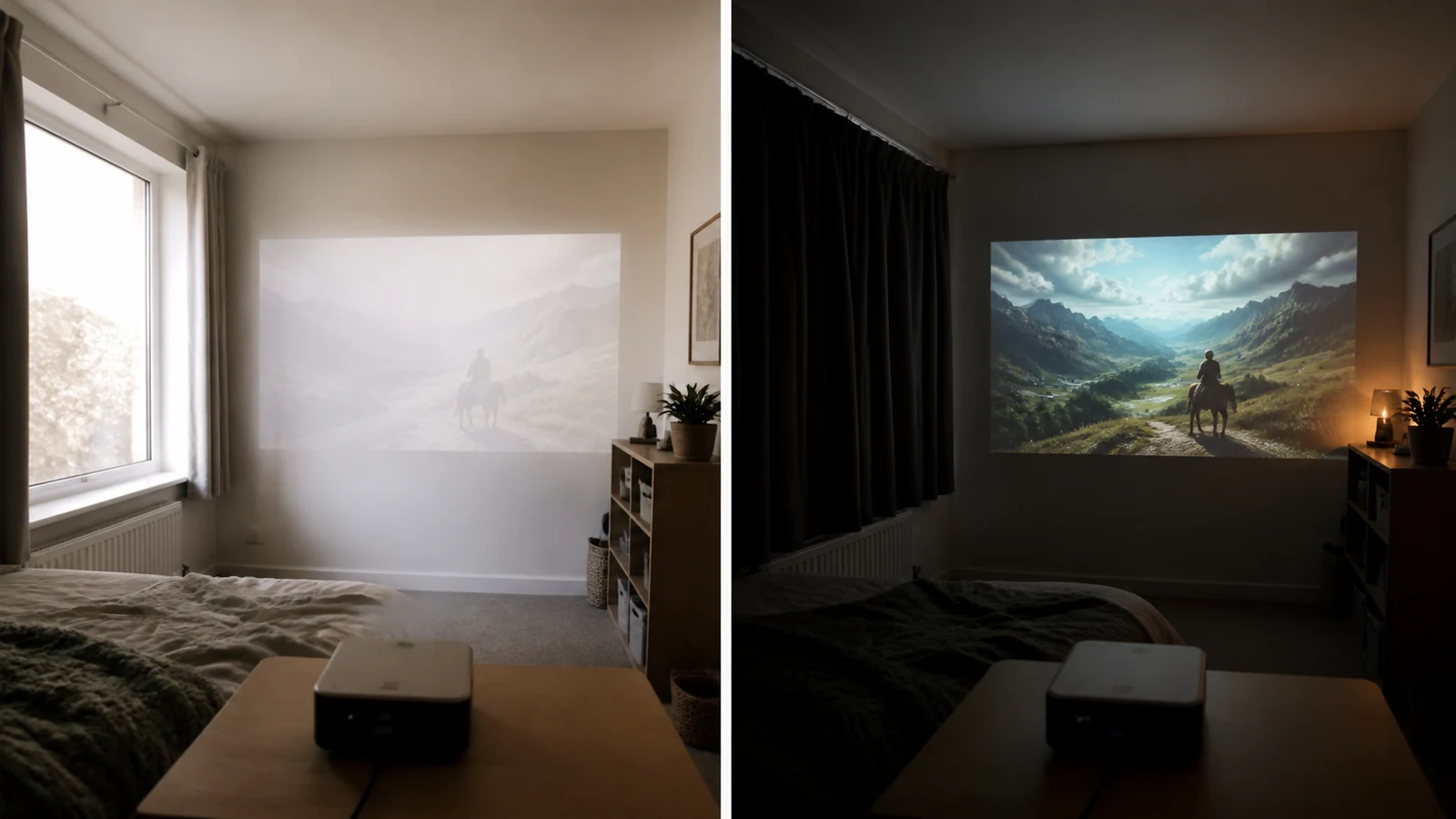Bedroom projector image quality comparison with open curtains versus blackout curtains