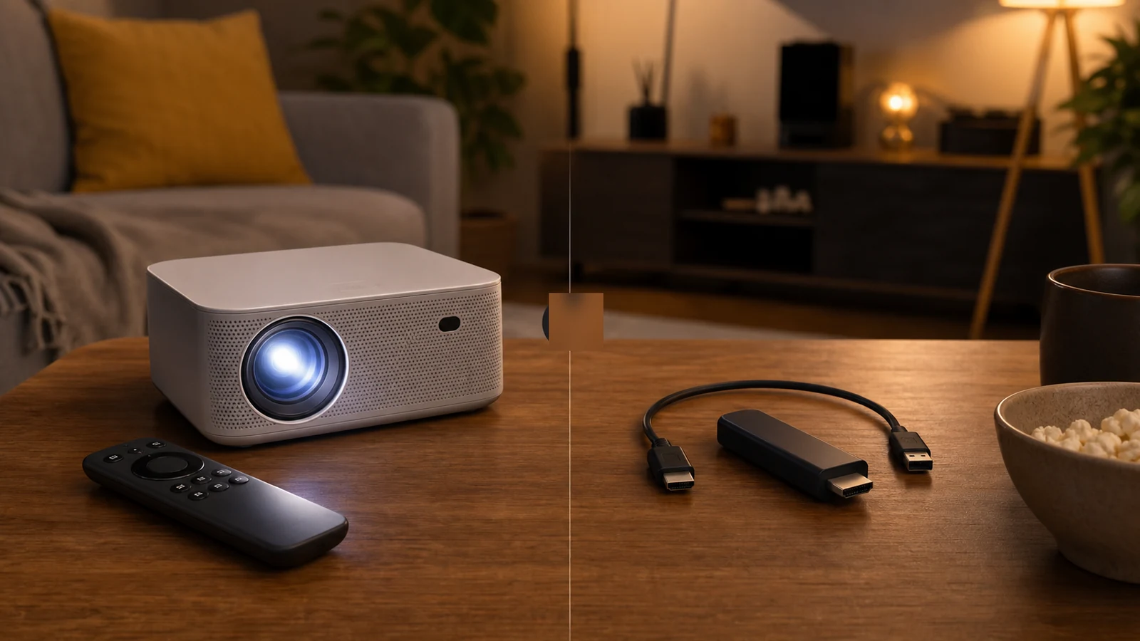 Budget projector setup choices between onboard smart system and an external HDMI streaming stick
