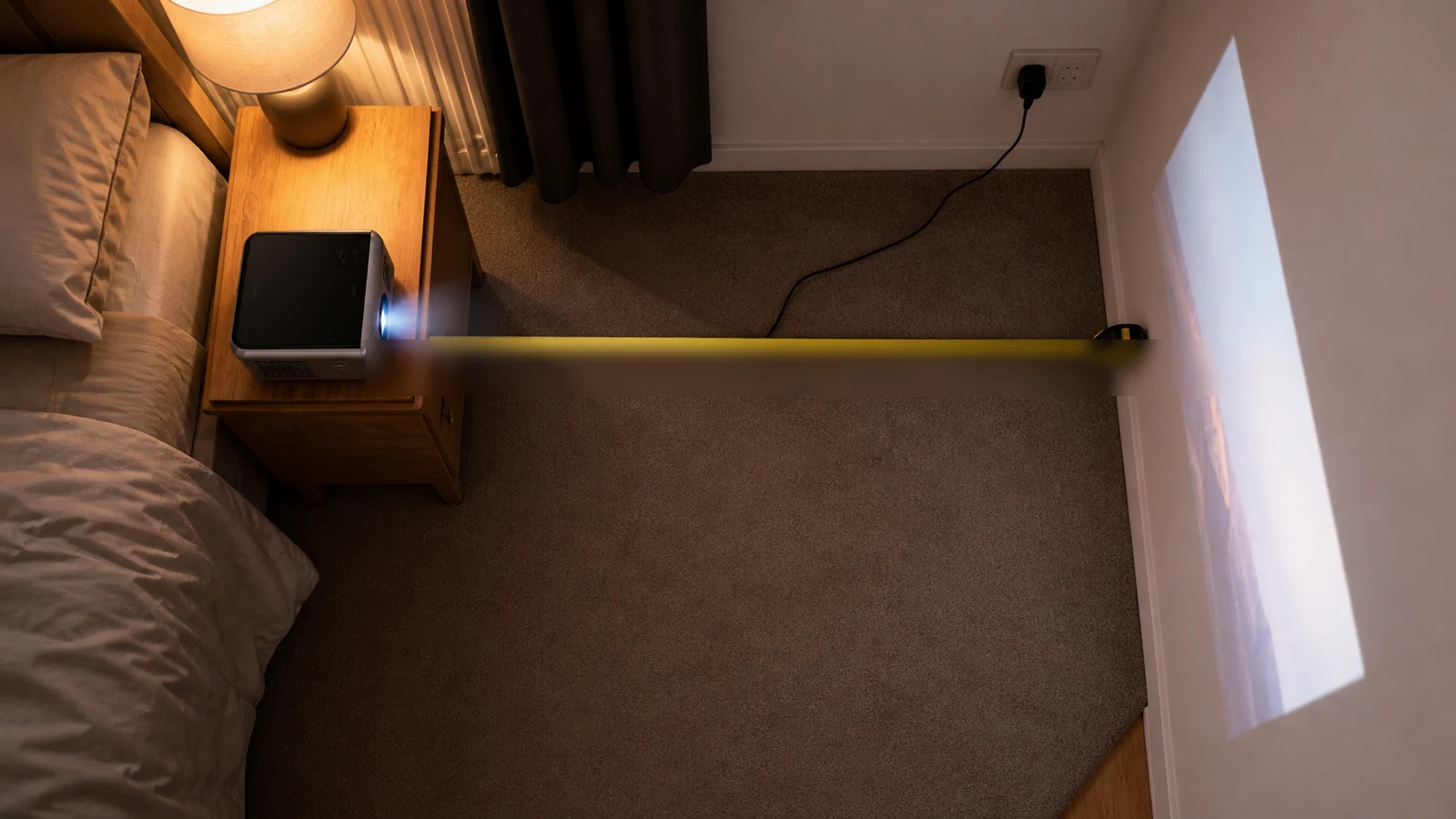 Measuring throw distance from a bedside table to a blank bedroom wall for a mini projector